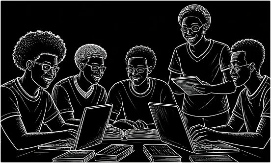 Pencil sketch of African students around laptops at a hackathon
