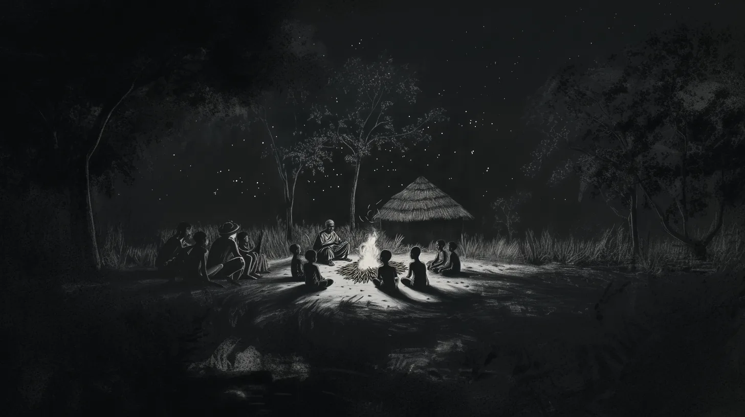 Elders and children gathered around a fire at night, sharing stories under the stars